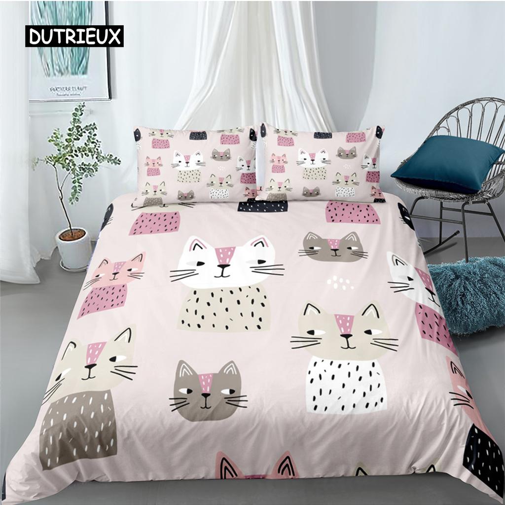 Cartoon Cat Duvet Cover Set for Kids Girl Microfiber Kitten 2/3pcs Cartoon Animal Bedding Set Single Twin Queen King Quilt Cover
