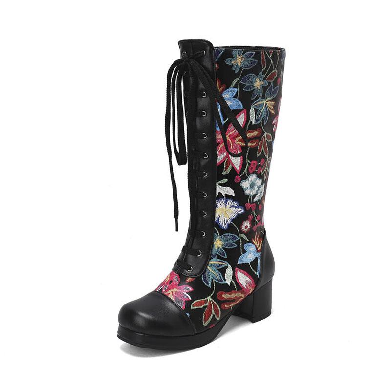 Women Boots Winter Lace-up Round Toe Knee High Boots Square High Heels Fashion Floral Embroidery High Top Women's Boots WSH5012