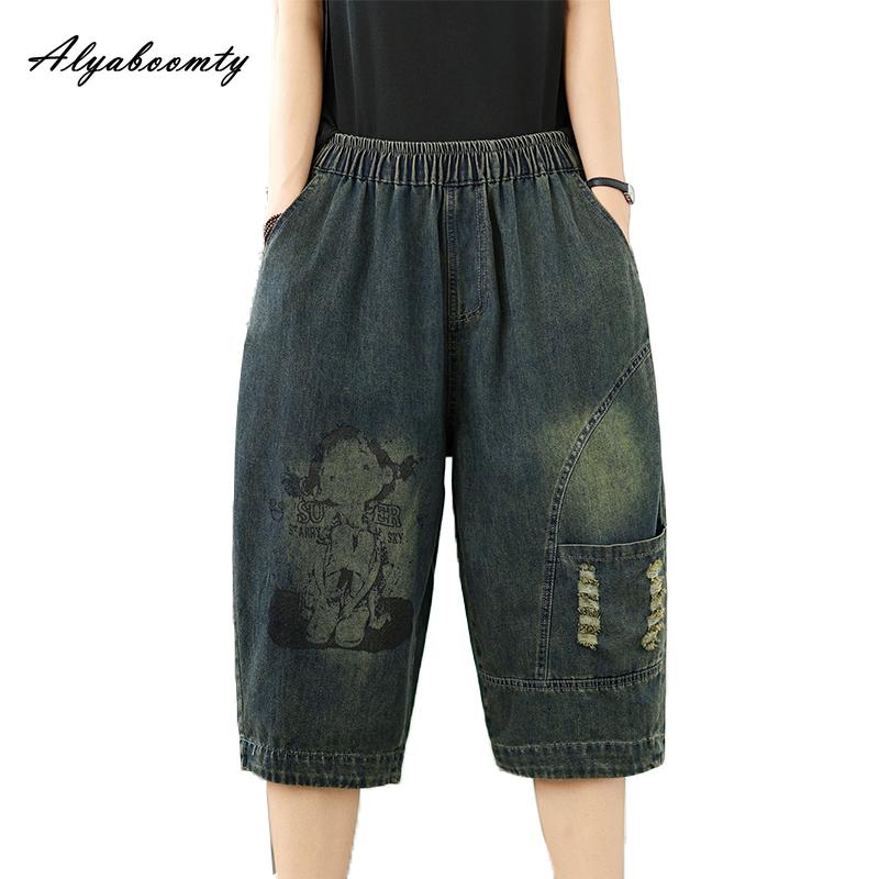 Korean Fashion Summer Women Ripped Denim Pants High Waist Character Print Casual Loose Short Jeans Basic Ladies' Capris With Pockets
