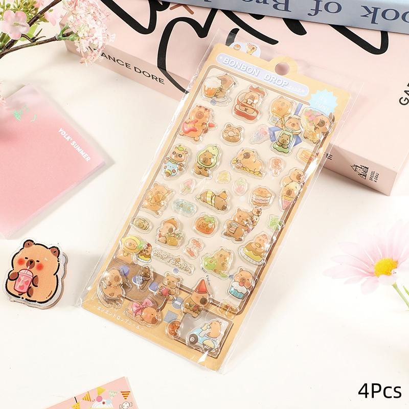 4Pcs Cute Cartoon Capybara 3D Relief Bubble Stickers Kawaii Animal Decorations Diy Scrapbook Sticker Phone Case Decoration Gifts