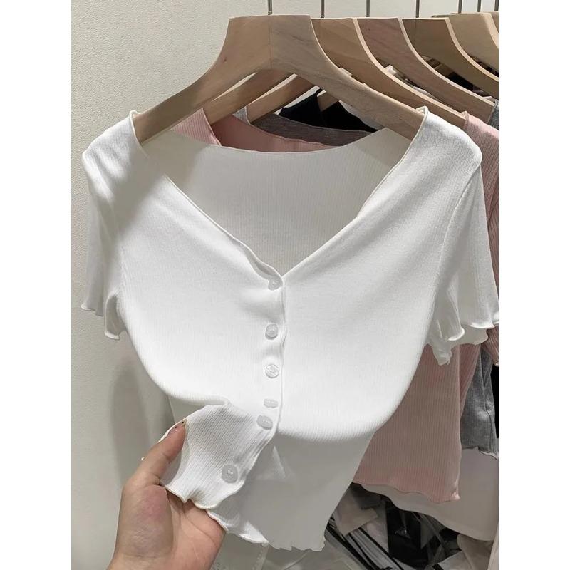 Summer Women V Neck Button Ruffle Ribbed Asymmetric Pink Crop Top S белый