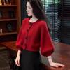 Women's Red Lantern Sleeve Cardigan: New Year Autumn/Winter Loose Knit Sweater Top