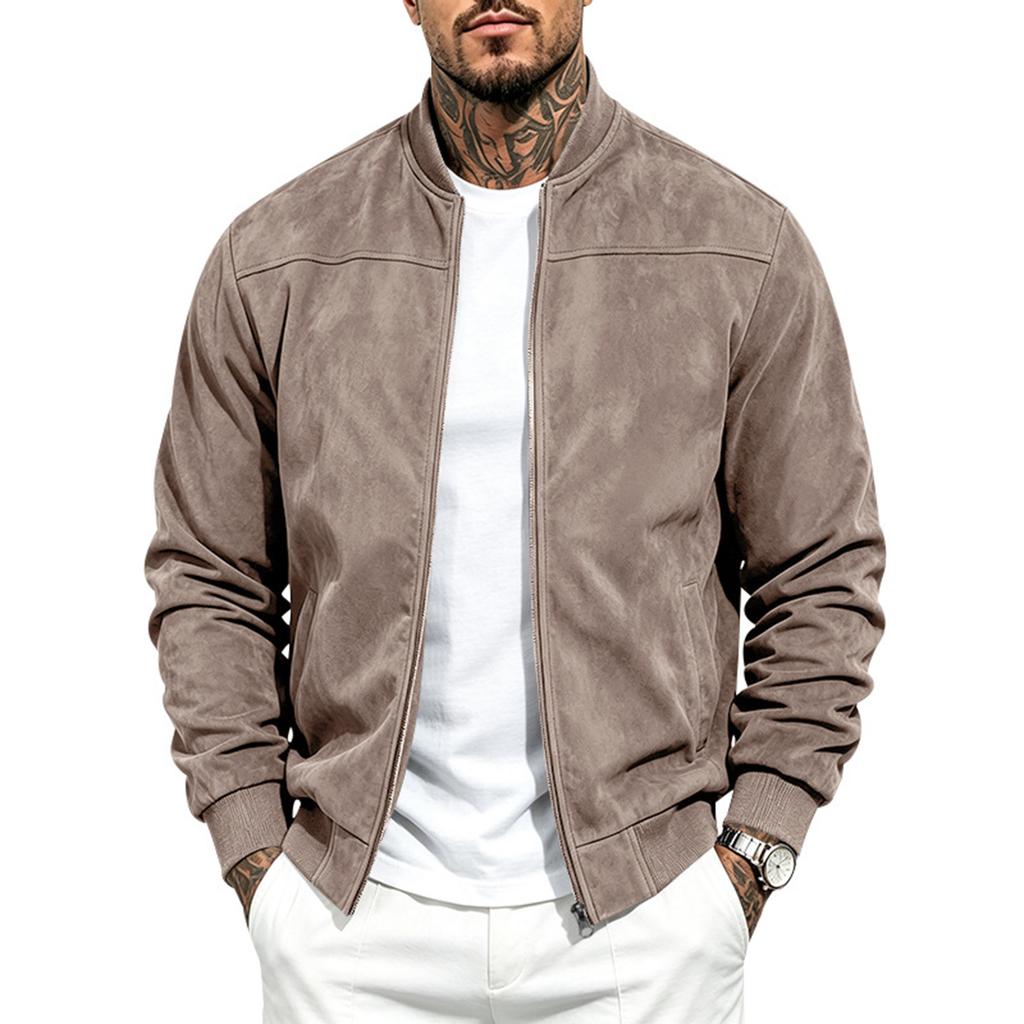 Men's Color Long Sleeve Zip-Up Jacket with Stand Collar for Casual Sporty Wear