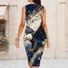 Women Plus Size Round Neck Sleeveless Printed Bodycon Midi Dress