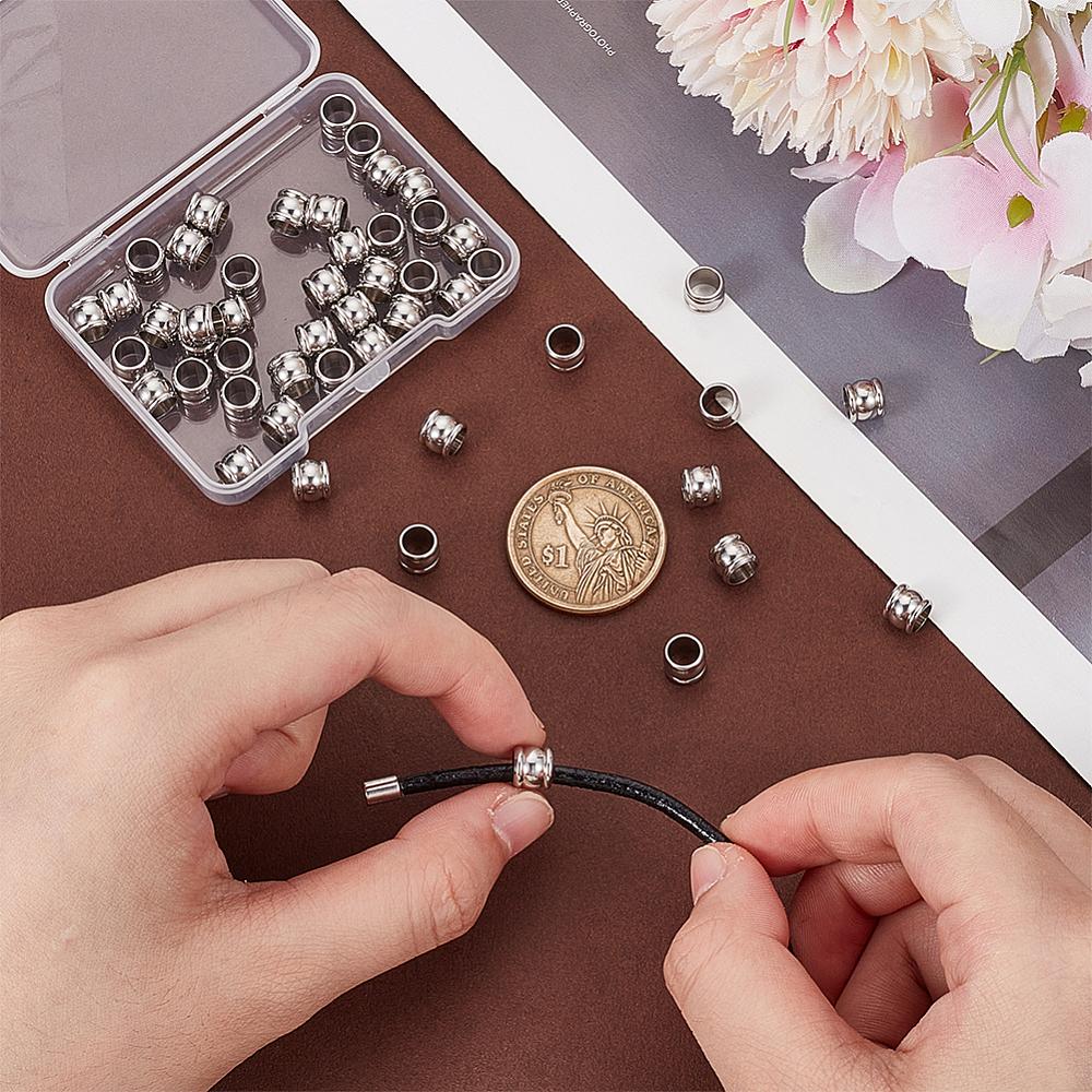 50Pcs 201 Stainless Steel European Beads, Large Hole Beads, Column, Stainless Steel Color, 7x6mm, Hole: 5mm