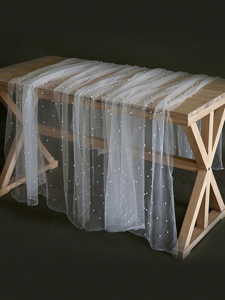 1pc Cake Photography Backdrop, Soft Tulle Curtain Fabric, Faux Pearl Organza Dessert Table Cloth, Fairy Style White Lace Background Prop