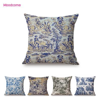 Traditional French Toile De Jouy Motif Design Pattern Navy Blue Elephant Flower Design Decorative Pillow Case Sofa Cushion Cover