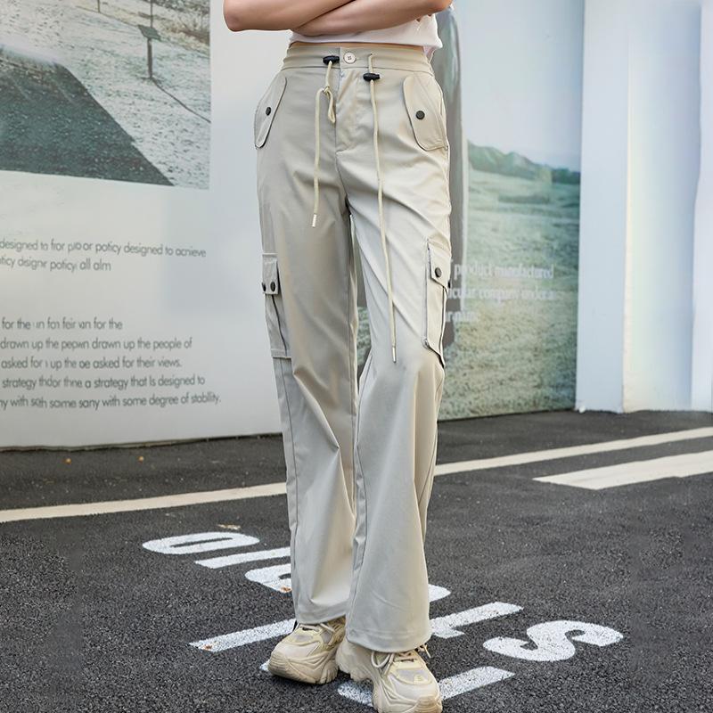 American Overalls Ladies's Summer Thin Section High Waist Wide Leg Quick-drying Sports Pants Straight Paratrooper Pants Ladies