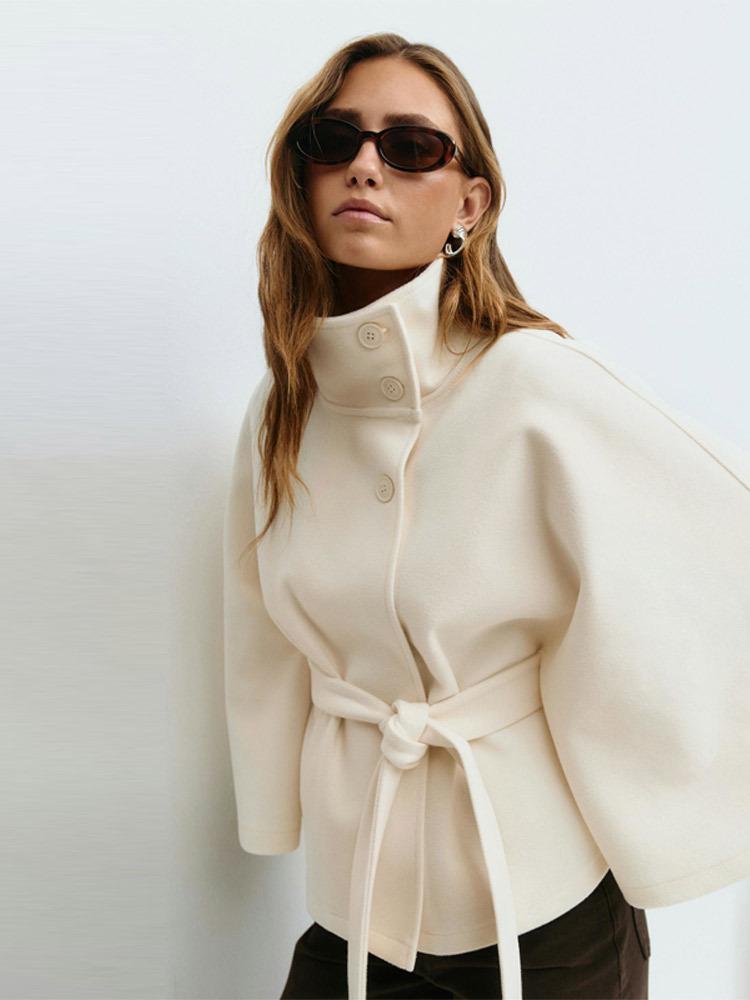 

2025 Women s Cape-Style Woolen Short Coat with Stand-Up Collar and Tie Medium білий