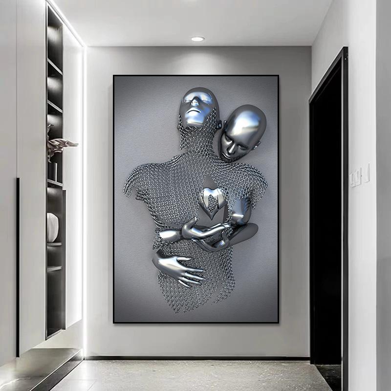 3D Love Heart Grey Metal Figure Statue Posters and Prints Modern Canvas Painting Wall Art Pictures for Living Room Home Decor