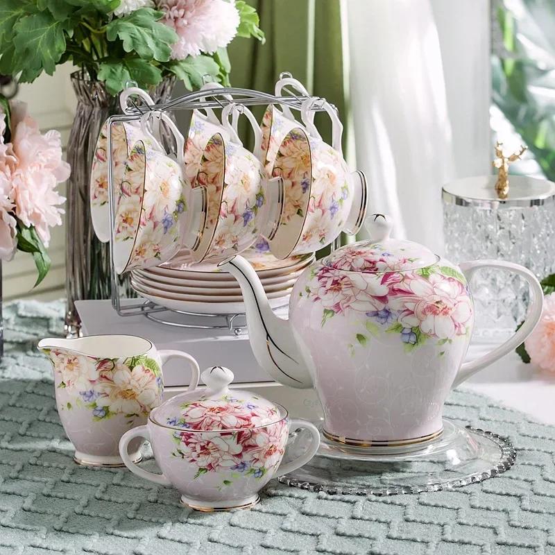 Pink Blue Flower Bone china Coffee Cup Set Porcelain Tea Cup Set Ceramic Pot Mug Sugar Bowl Creamer Teapot Milk Jug Teaset