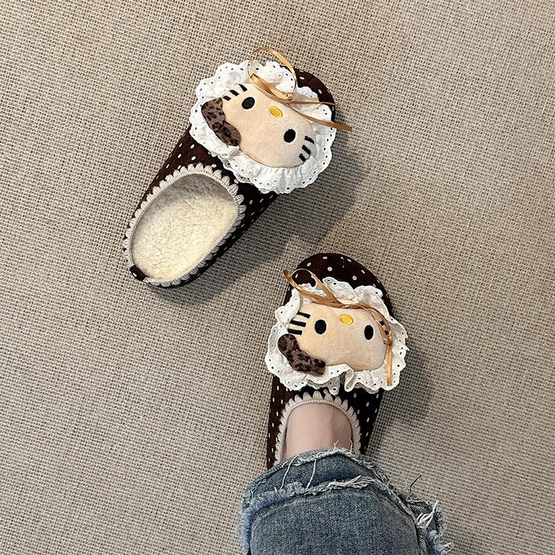 

Vintage design polka dot cartoon lace kt cat Birkenstock slippers cute girl heart wearing thick bottom cotton slippers tide 40