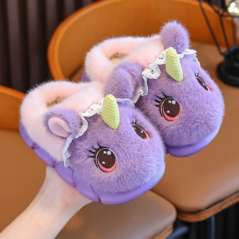 

Unicorn children s cotton slippers for winter, girls plush warm furry home slippers for toddlers and babies 28-29 фіолетовий