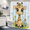 1pc Cartoon Giraffe Shower Curtain Vibrant Digital Illustration with Flowers Light Blue Sky 12 Hooks 70*70 Inchess