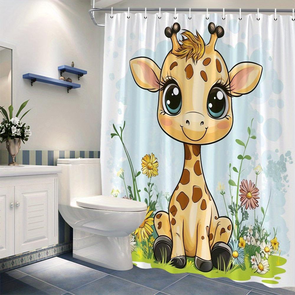 1pc Cartoon Giraffe Shower Curtain Vibrant Digital Illustration with Flowers Light Blue Sky 12 Hooks 70*70 Inchess