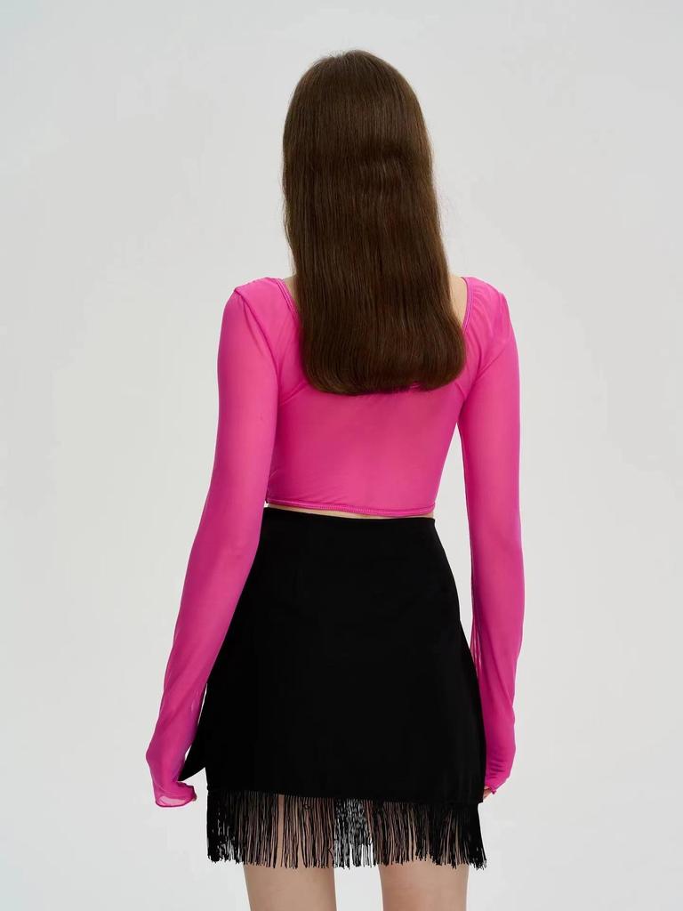 European & American Street Fashion Mesh Lace Slim Square Collar Long-Sleeved Top for Women