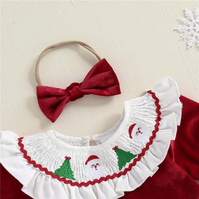 Newborn Baby Girl Christmas Outfit Santa Tree Embroidered Ruffle Trim Long Sleeve Romper with Headband Cute Infant Girl Clothes