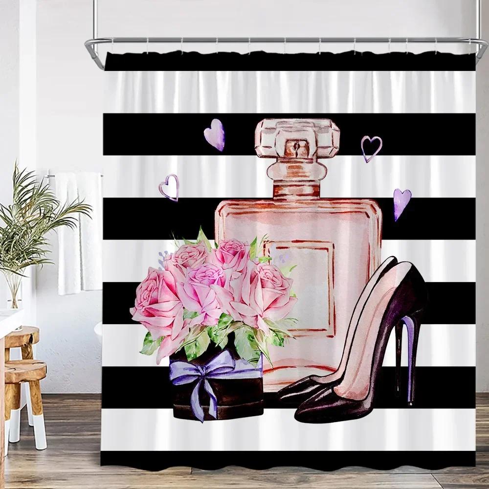 Pink perfume bottle shower curtain pink flower cosmetic pattern bathroom decoration modern fashion shower curtain with hook