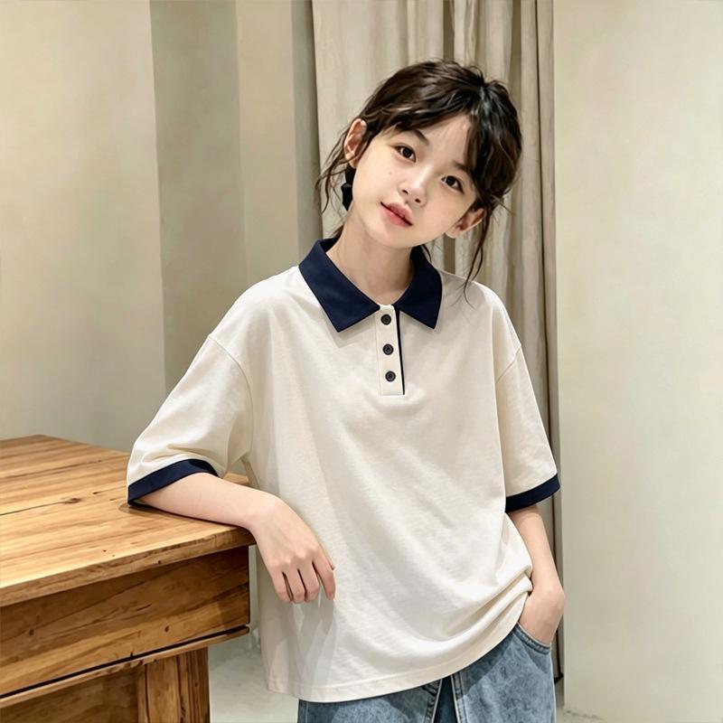 Girls' Cotton Color Block Short Sleeve Polo Shirt, Summer 2026 New Style, Medium/Large Kids' Loose Lapel T-shirt, Trendy.