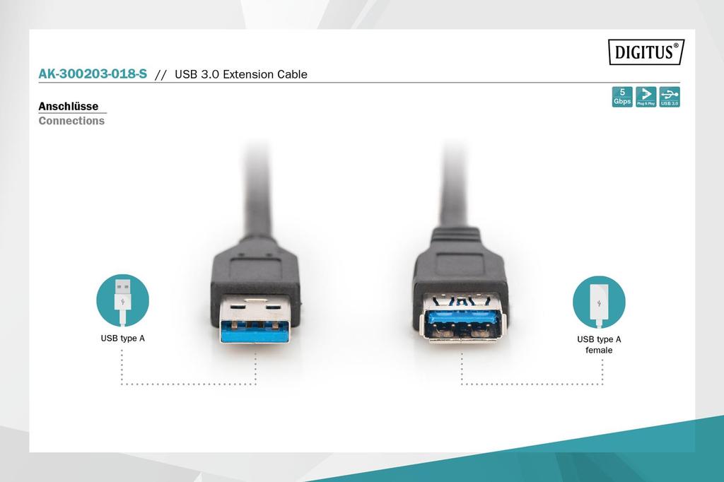 Kabel Przedłużający DIGITUS USB 3.1 Gen.1 SuperSpeed 5Gbps Typ USB A/USB A M/Ż Czarny 1,8m