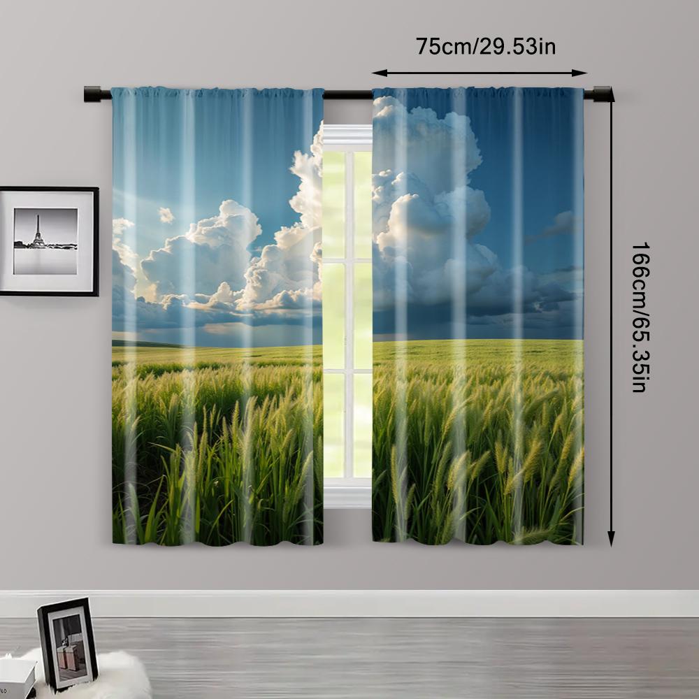 2pc, Curtain A History of Clear Grasslands and Heavy Rain Clouds1 Machine Washable Polyester,Without Electricity Versatile Use