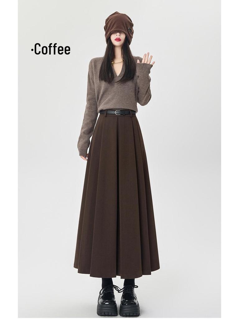High-Waisted Coffee Wool Skirt for Women, Autumn-Winter Style, Pleated A-Line, Petite Fit, Mid-Length, Perfect Drape