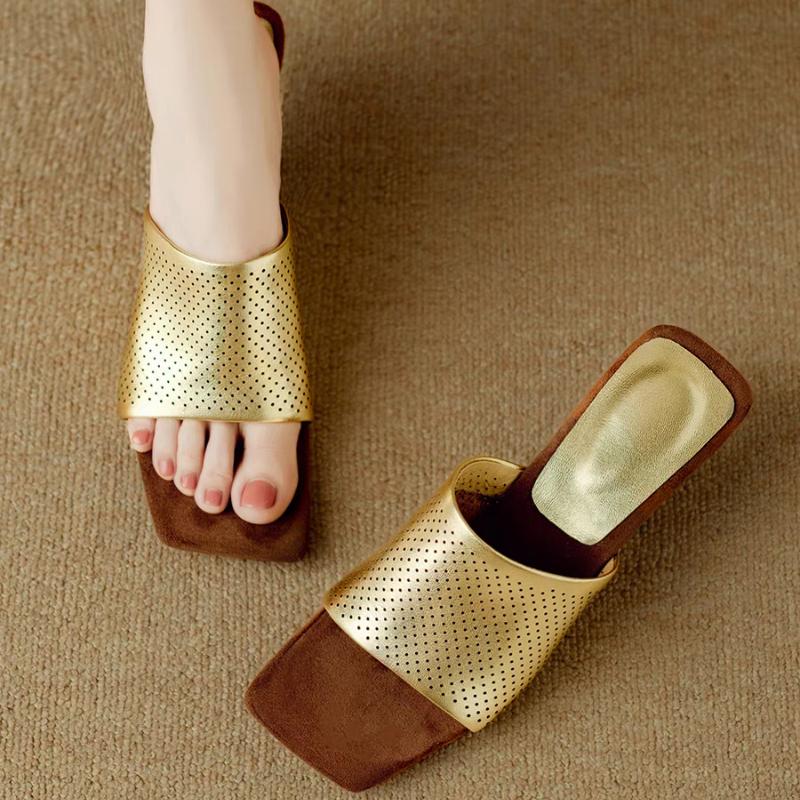 

New Split Leather Summer Sandals Square Toe Slippers for Women Fashion Hollow Out Slippers Shoes Concise Silvery Ladies Shoes 35