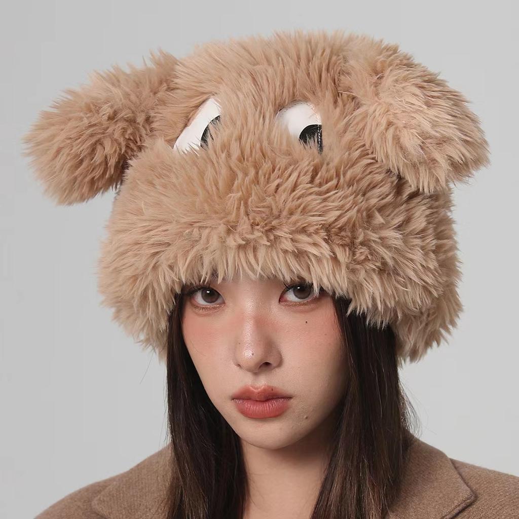 Japanese Funny Cartoon Big Eyed Puppy Pullover Hat for Women In Autumn and Winter  Warm Ear Protection  Sweet and Cute Thickened Plush Hat