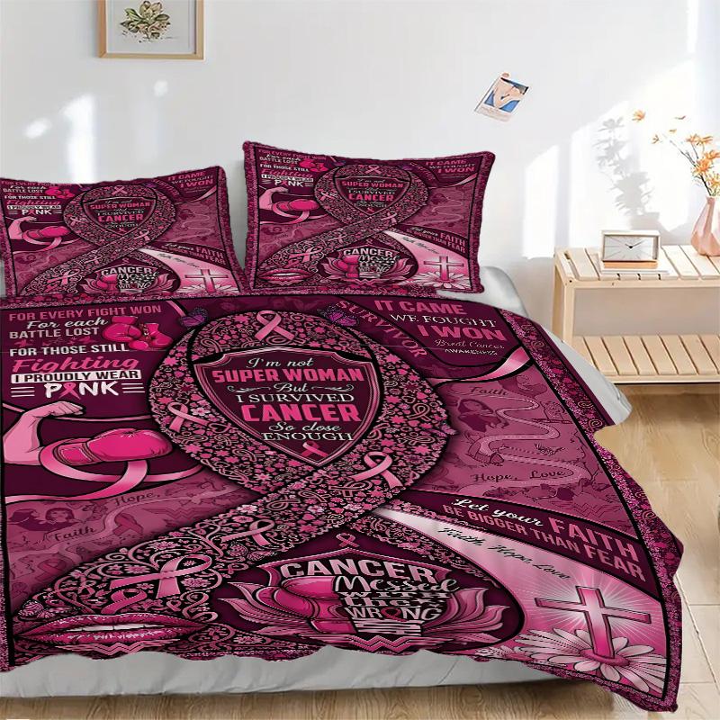 Breast Cancer Awareness Ribbon Print 3Pcs Bedding Setduvet Cover With 2 Bedropillowcase Home Birthday Gift
