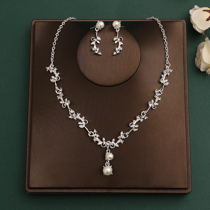 Korean Bridal Necklace & Earrings Set - Rhinestone & Pearl Wedding Accessories