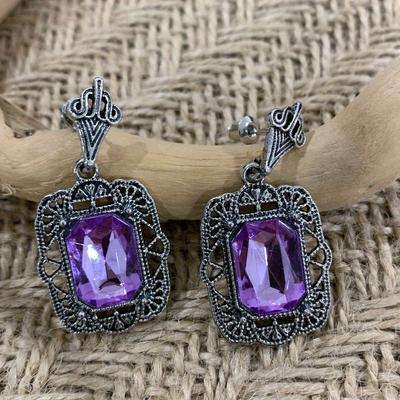 Palace Pattern Retro Women's Charm Purple Zircon Pendant Earrings Elegant Fashion Banquet Party Zircon Holiday Gift
