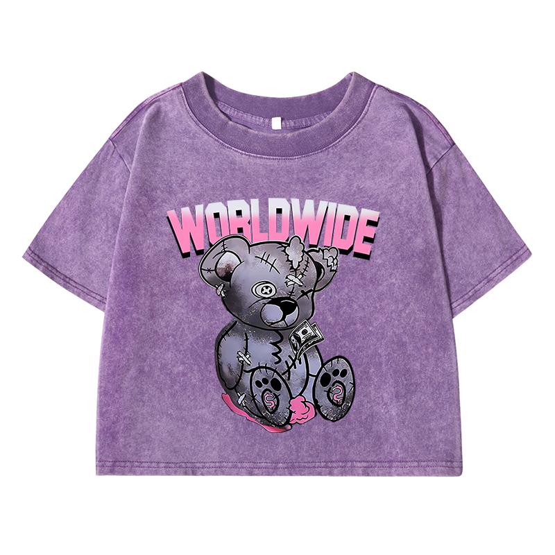 

Всемирная Милый Медведь Мультяшный Принт Женская Короткая Футболка для Стирки Открывающая Живот Футболка Топы Винтажная Потертость O-Образный Вырез Одежда M