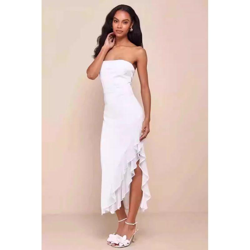 

Foreign Trade Order Lu Lady Simple and Beautiful Wrap-around Split Temperament Elegant Frill Birthday Party Dress White M