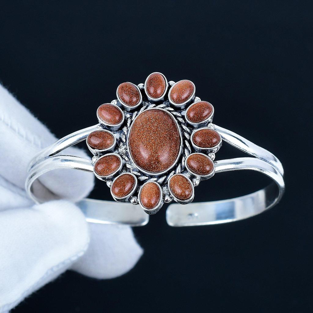 Roter Sonnenstein Edelstein Handgefertigter Armreif 925 Sterlingsilber Armreif, Roter Sonnenstein Blume Form Armband für Ehefrau, Unisex Armreif, Geschenk für Ehefrau