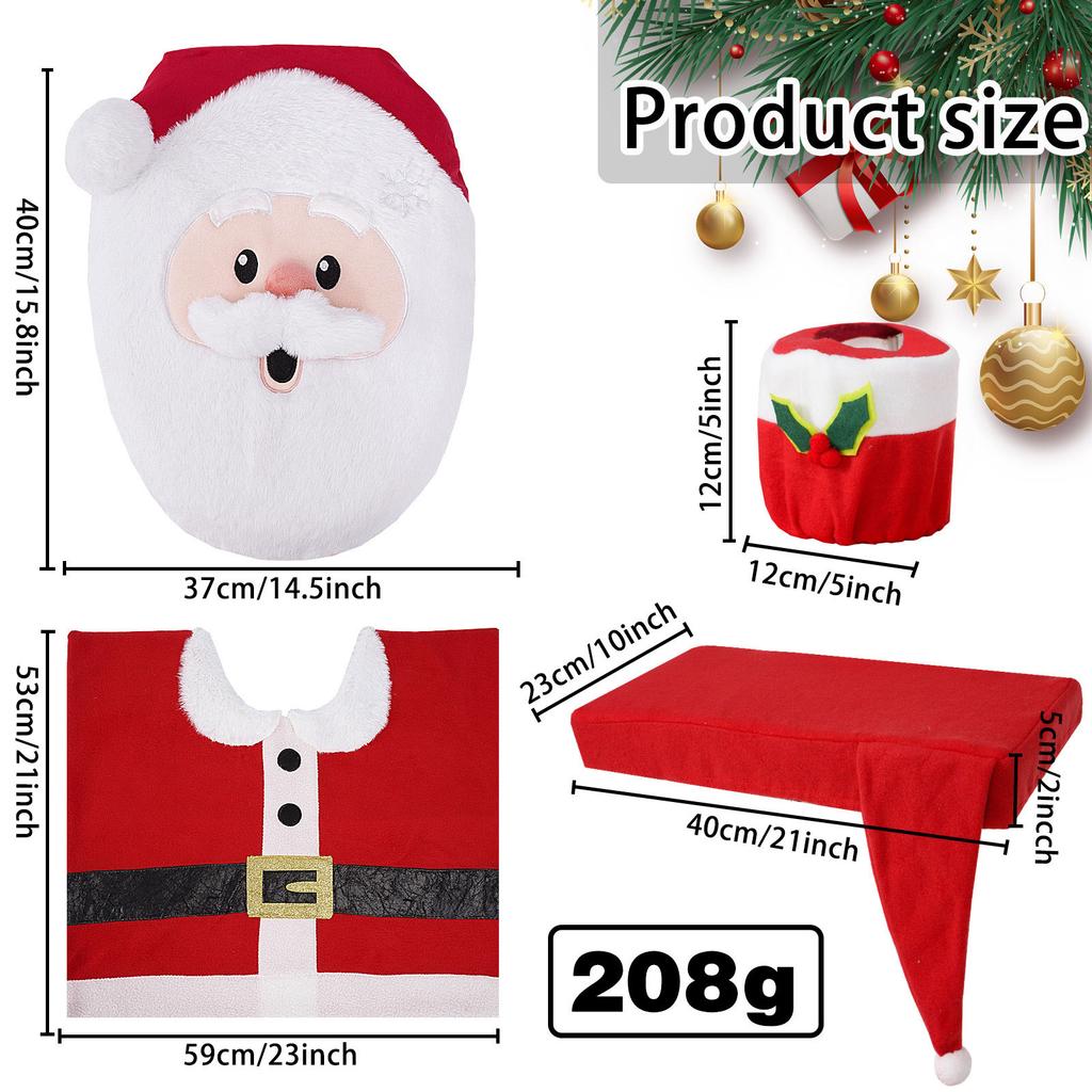 Christmas Bathroom Decoration Set 4Pcs with Toilet Cover Rugs Tank Cover Paper Box Cover Festive Indoor Party Decor