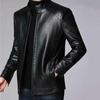 Men Jacket Faux Leather Solid Color Stand Collar Smooth Thick Warm Long Sleeve Zipper Neck Protection Motorcycle Windproof Cool Autumn Winter Jacket
