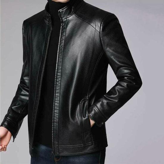 Men Jacket Faux Leather Solid Color Stand Collar Smooth Thick Warm Long Sleeve Zipper Neck Protection Motorcycle Windproof Cool Autumn Winter Jacket