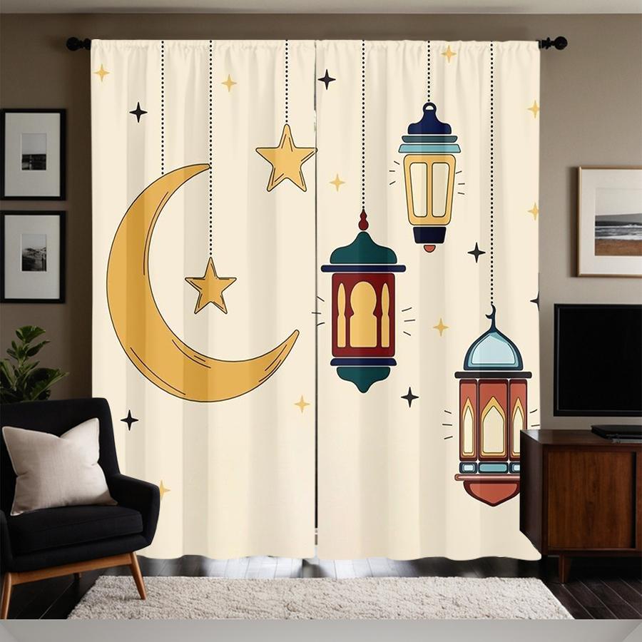 2pcs Cute Crescent Moon & Lantern Curtains Islamic Festival Design Sheer Light-Filtering Fabric Living Room Bedroom Window Decor