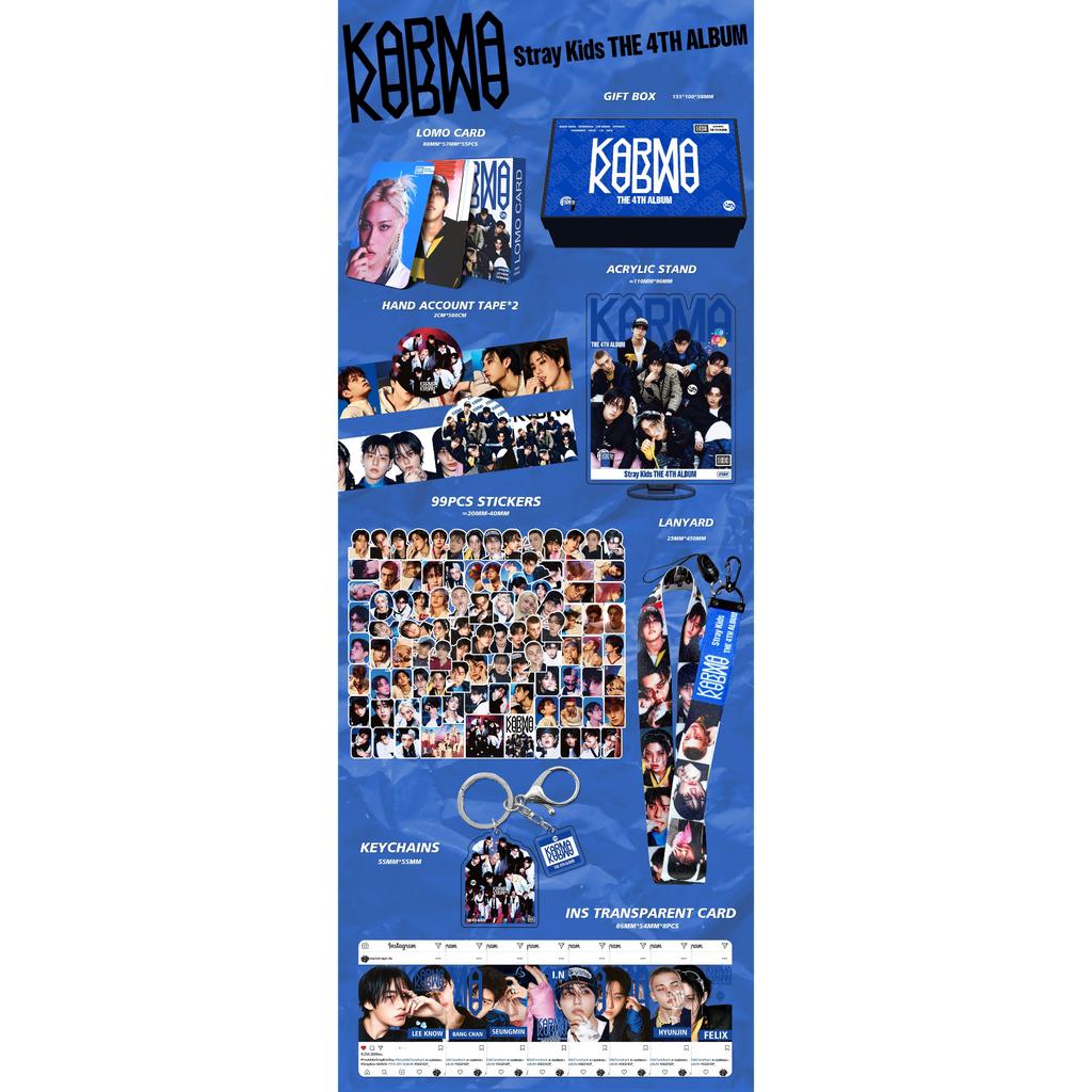 Stray Kids KARMA 4th Album Merch Gift Box Set-Lomo Cards Keychain Stickers Lanyard Stand Hand Account Tape Transparent Card Kpop Merchandise STAY Gift