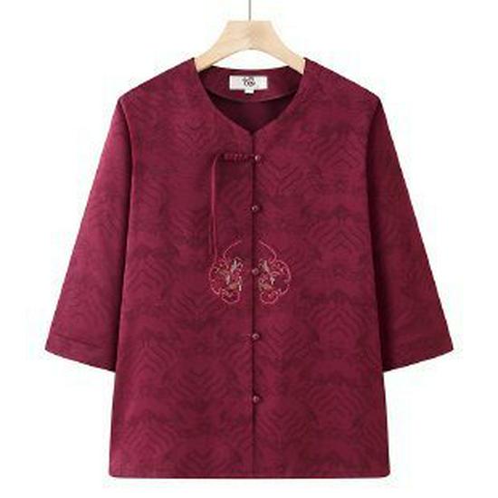 

Grandma s Elegant Autumn Blouse for Middle-aged and Elderly Women, Mid-Sleeve Chinese Style Top 3XL (120-130 kg) вино красного