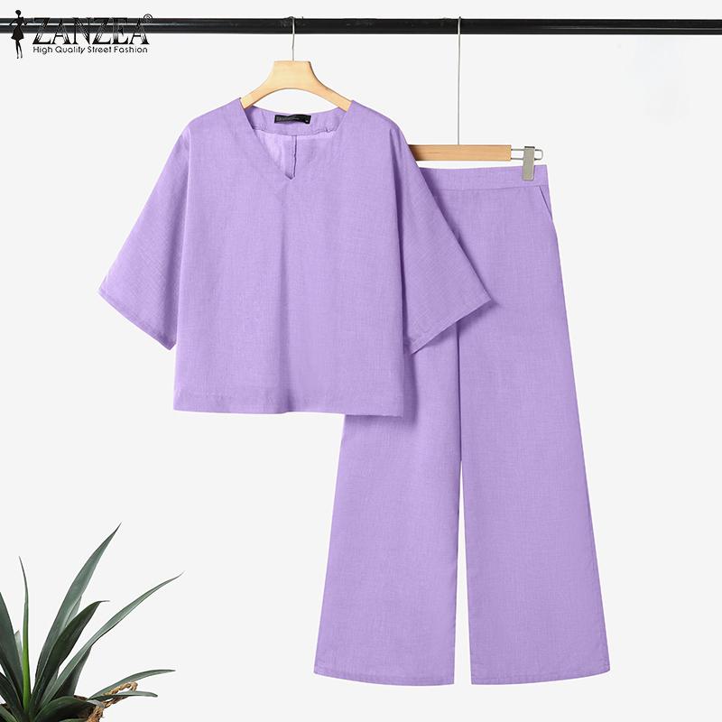 ZANZEA Women Half Sleeve Blouse and Pants Summer Two Piece Suit Sets