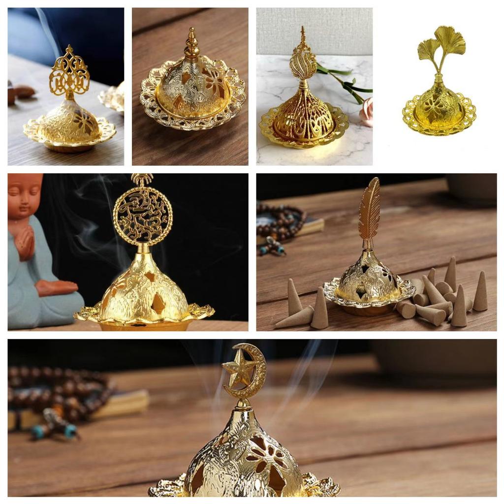 Golden Middle Eastern Arabic Incense Burner with Intricate Hollow-Out Design — Metal Aromatherapy Incense Burner for Cone Incens