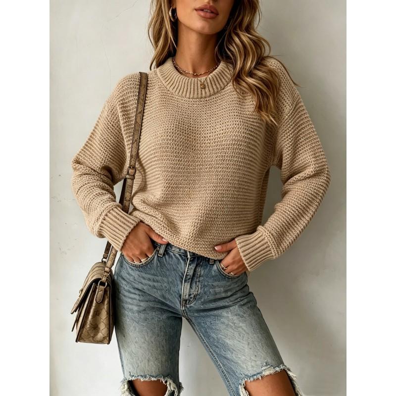 Womens Loose Knit Sweater Pullover Round Neck Solid Color Long Sleeve Casual Top Winter