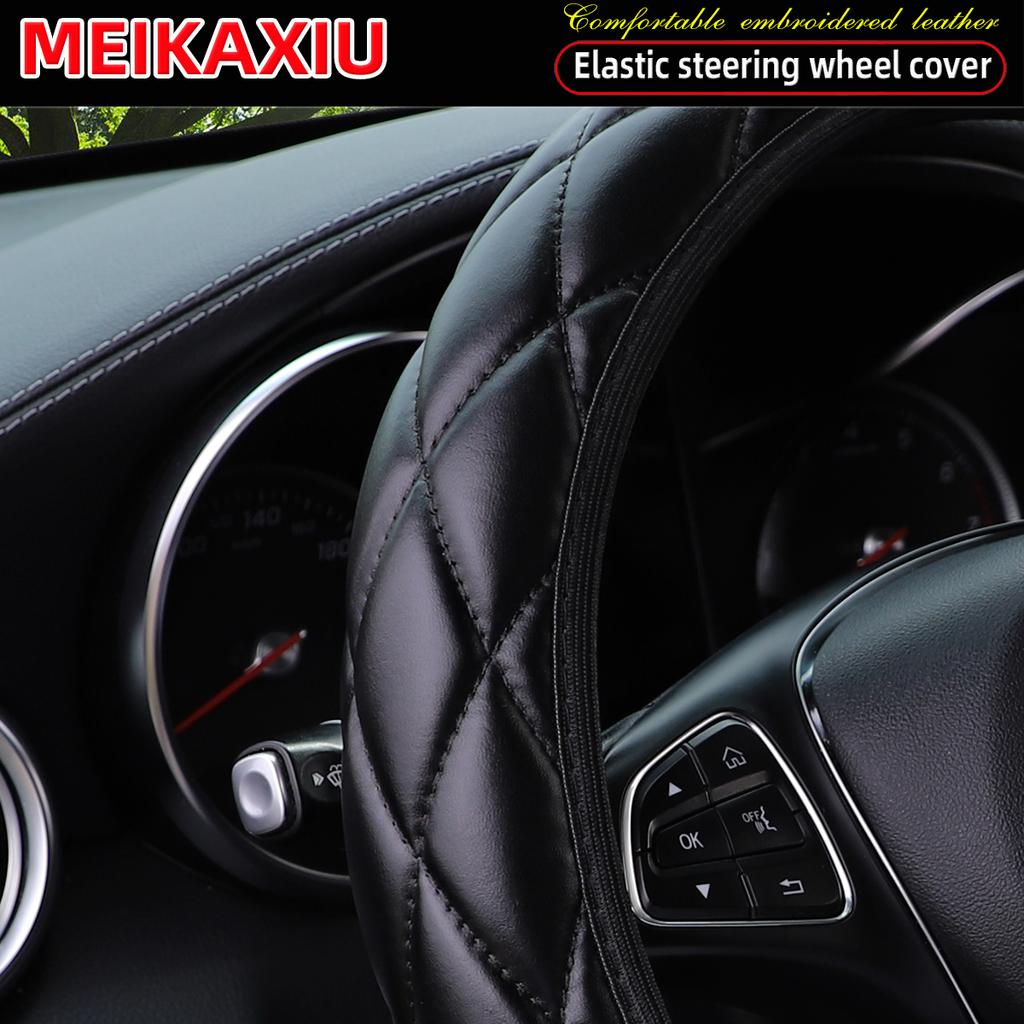 1 artificial comfort fine grained soft PU leather embroidered three-dimensional stretch car steering wheel cover for 14.5-15 in