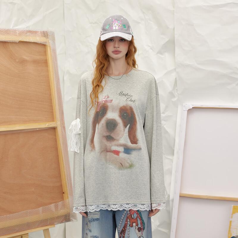 UNIFREE Cute Animal Print Lace Trim T-Shirt