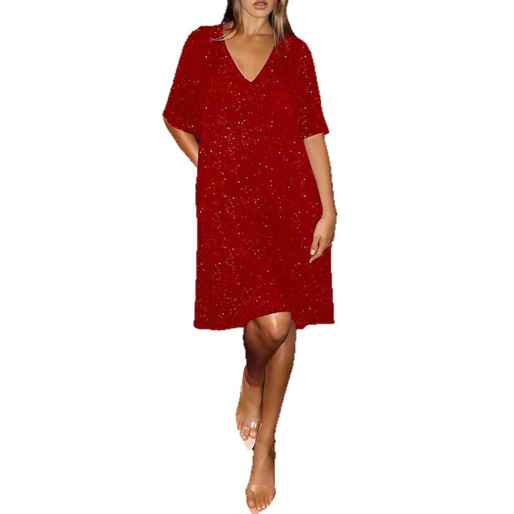 Sequined V-neck Short-sleeved Dress - Summer New Style, Loose Fit, Large Size, Mid-length, Party Black Dress