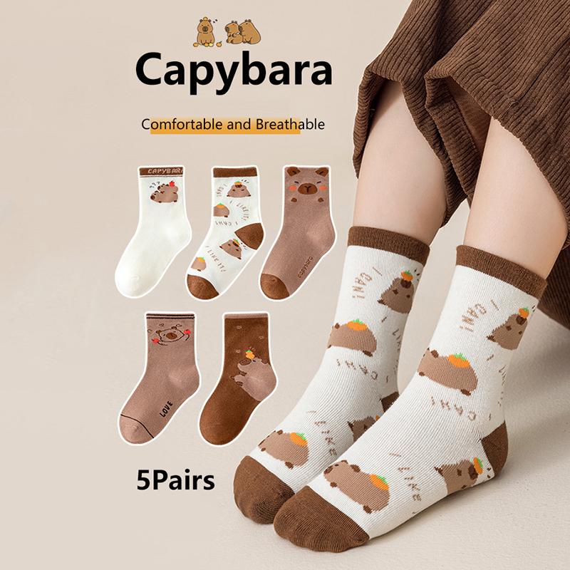 5Pairs Cartoon Capybara Print Mid-Tube Socks Breathable Soft Casual Socks Unisex Autumn Winter Coffee Keep Warm Mid-Tube Socks