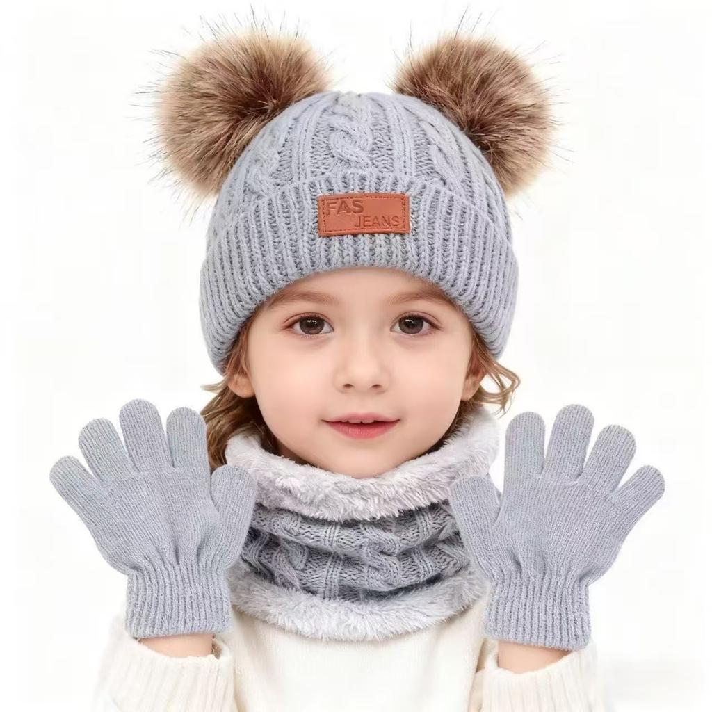Plucked European and American Children's Hats, Scarves, Gloves, Three Piece Set, Autumn and Winter New Warm Baby Hat