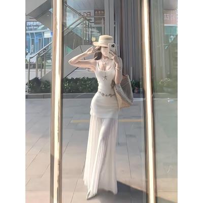 Τεράστιο όμορφο φόρεμα με τιράντες γυναικείο υψηλής ποιότητας κομψό καλοκαιρινό νέο λευκό μακρύ φόρεμα μποέμ φόρεμα για διακοπές