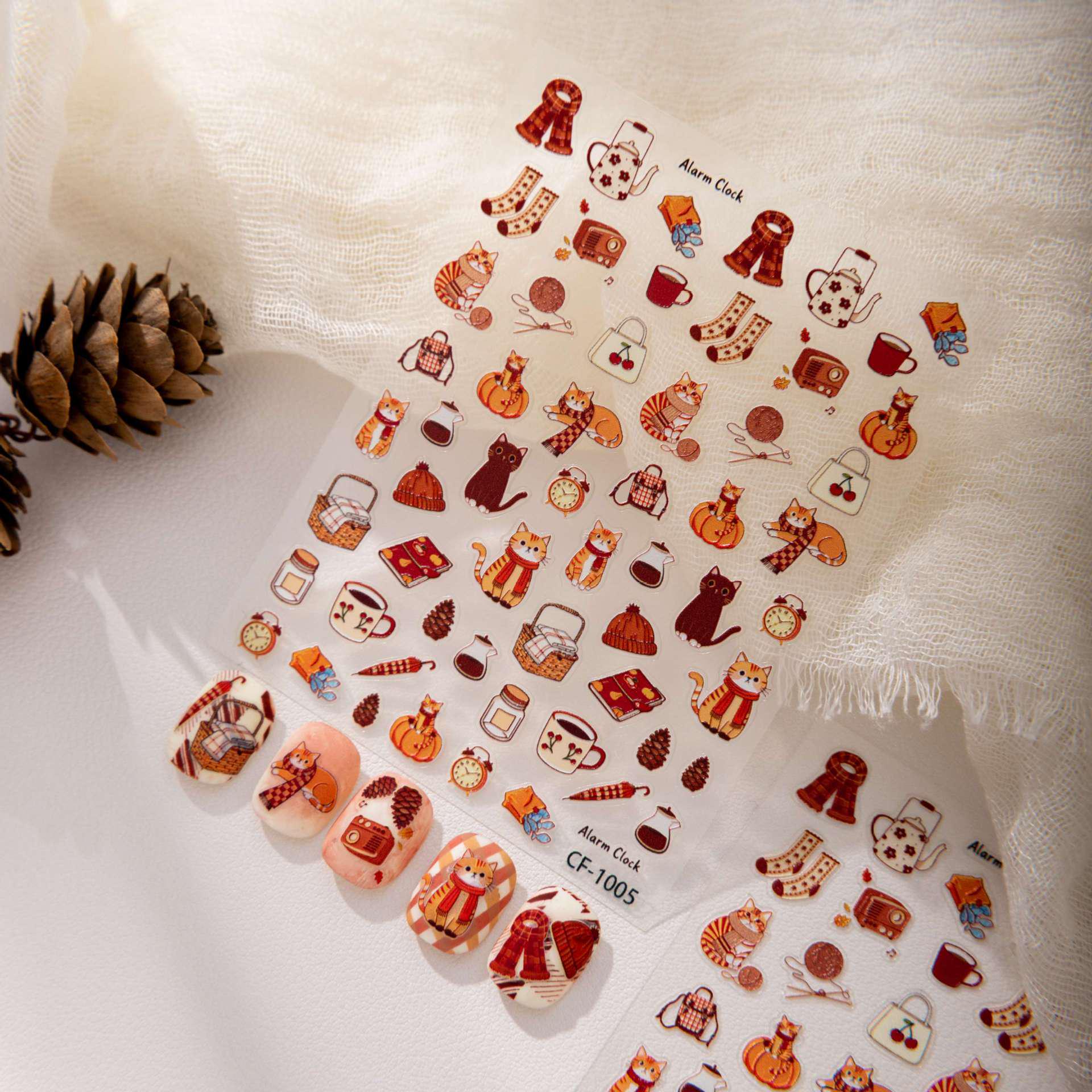 Cyansea Cartoon Cat Autumn Scarf & Nail Art Phone Stickers Set CF-1005
